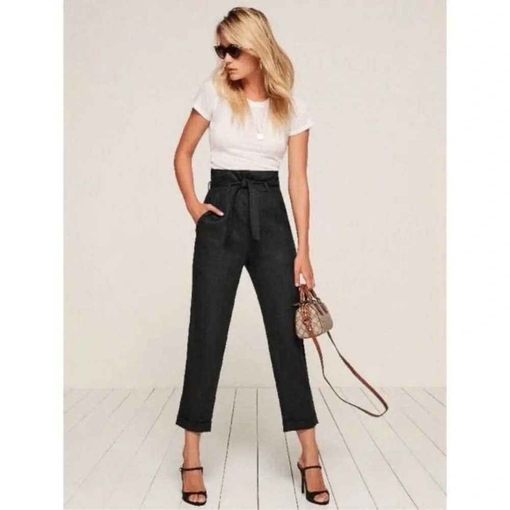 Reformation Fisher Paperbag Surplus Linen Blend Tapered Trouser Pants in Black